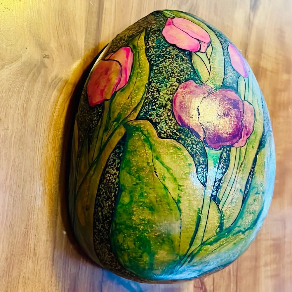 Hand Crafted Wall Pocket Pink Purple Tulips Original Gourd Art Air Plant Holder - Picture 7 of 17